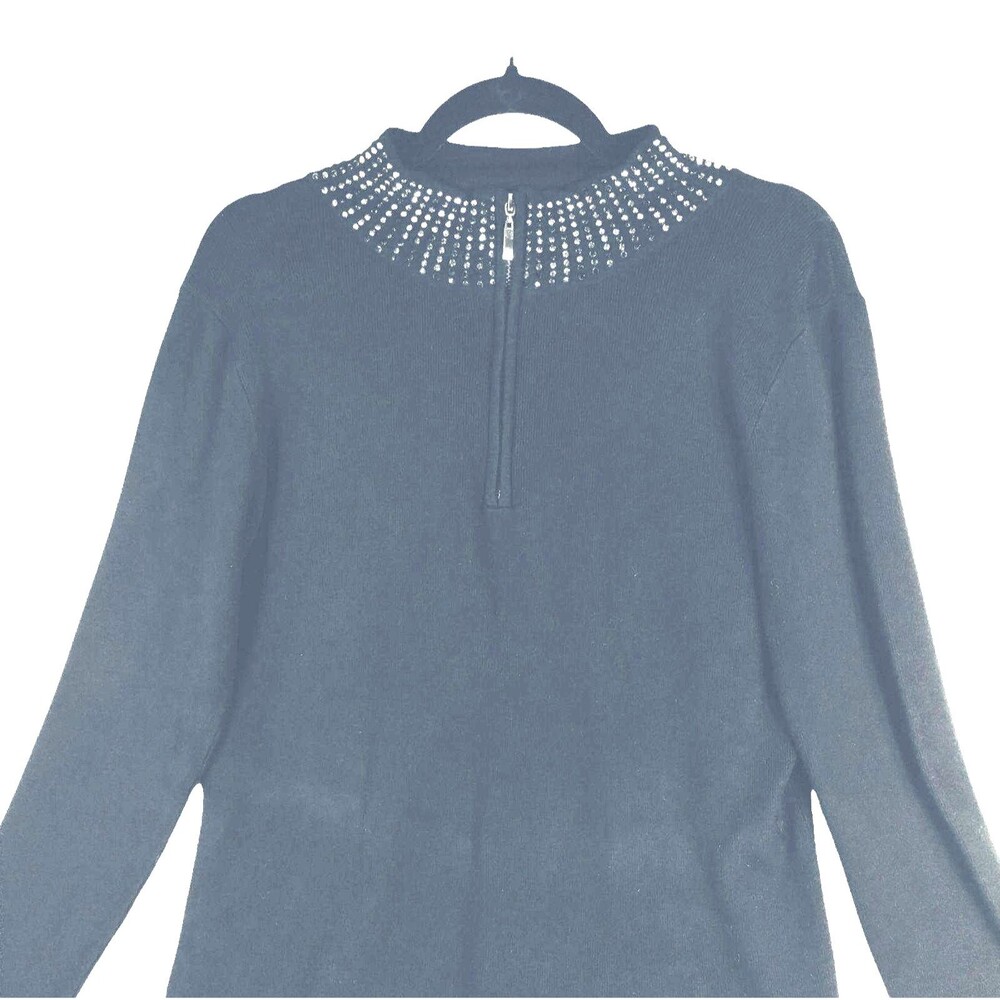 Vila Milano Sweater Woman's L Long Sleeve Bling Mock Zip Turtleneck Black Knit